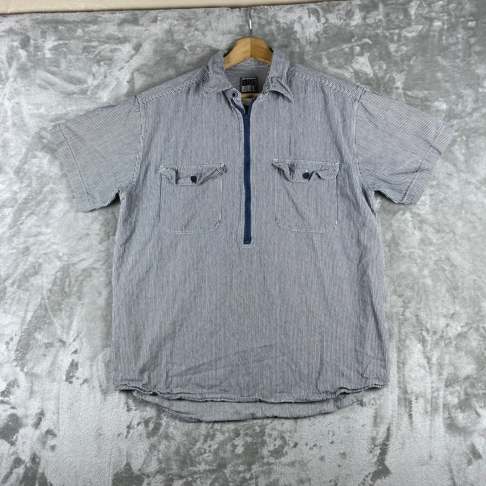 Big Bill Shirt Men Large Blue Hickory Stripe Short Sleeve Half Zip Workwear
